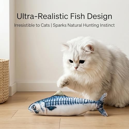 Flopping Fish Cat Toy, Interactive Moving Plush Cat Kicker Toy with Catnip Pocket, USB Rechargeable Automatic Wiggle Mackerel Toy for Indoor Kitten & Small Dogs, Single Mackerel（11.02Inch）