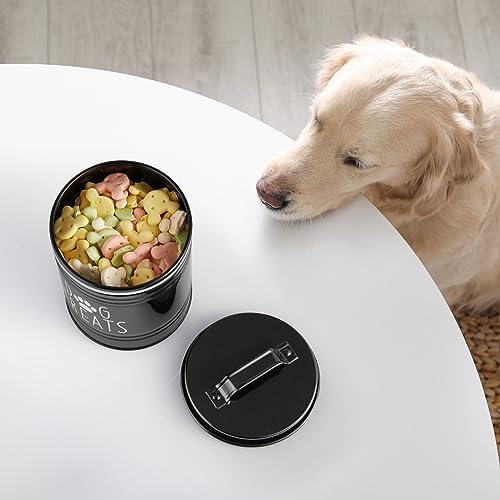 OUTNILI Small Dog Treat Container Airtight - 6" Tall X 4.9" Round Black Dog Treat Jar for Kitchen Counter - Rustic Treat Storage Canister for Dogs, Cats, Small Animals - Gifts for Pet Owners
