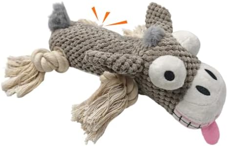 Gray Dog Plush Chew Dog Toy, 9.8 in, Squeaker and Rope