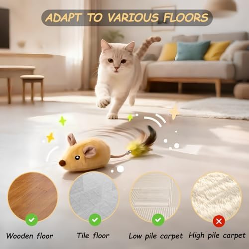 Interactive Mouse Cat Toy, Automatic Moving Fake Rat Mouse Cat Toy, Realistic Rechargeable Dog Mouse Toy with Sound & Feather & Bell, Prank Joke Scary Trick Rats for Cats Dogs