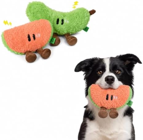 2PCS Fruit Juice Squeaky Dog Toys for Aggressive Chewers, Durable Squeak for Puppy Teething, Interactive Plush Chew Toys for Boredom and Anxiety Relief(WaterMelo+Cucumber)