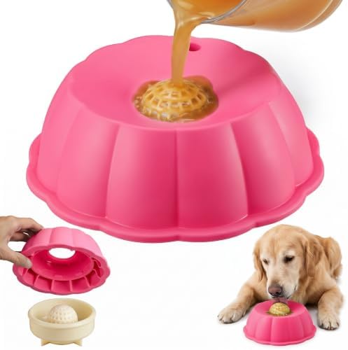 Dog Lick Bowl Ball Slow Feeder, Licking Bowl for Liquid Treat with Rolling Spin Sphere Roller Licker, Licky Feed Calming Anxiety Relief Enrichment Yogurt (Pink)