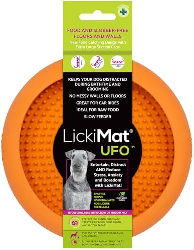 New LickiMat UFO Orange - Bathing, Shower & Grooming Distractor. Natural Rubber Large Soother Licking Nubs Treats. Unique Food and Dribble Catcher Design. Slow Feeder Dog Bowl