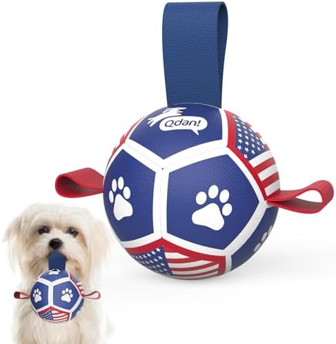 QDAN Puppy Balls, Small Dog Toys, Dog Balls with Straps for Small Breed | 3.5 Inch Small Soccer Ball for Dogs, Puppy Toys for 3-15 lbs Dogs, Dog Birthday Gift, Herding Ball for Small Dogs, Flag