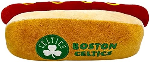 Pets First NBA Boston Celtics HOT Dog Plush Dog & CAT Squeak Toy - Cutest HOT-Dog Snack Plush Toy for Dogs & Cats with Inner Squeaker & Beautiful Basketball Team Name/Logo 8 x 5 x 3 Inches