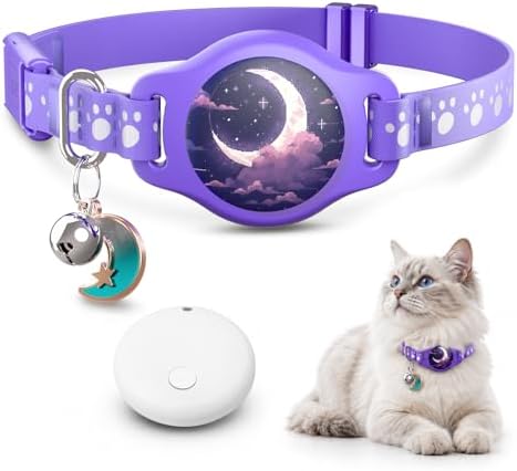 Cat Tracker Collar - Waterproof Airtag Cat Collar with Finder Tag, Purple | Compatible with Apple Find My (iOS ONLY), Breakaway Tractive Design with Reflective Pattern & Bell (Not for Android Devices)