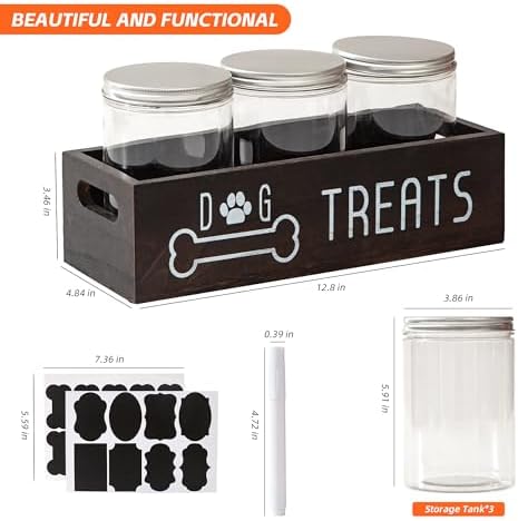 Dog Treat Container with 3 Airtight Jars, Wood Pet Organizer, Black
