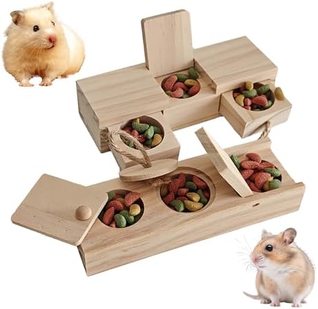 2 PCS Wooden Foraging Toys for Guinea Pigs, Hamsters & Chinchillas, Small Pet Puzzle Feeder with Drawers and Ropes, Natural Wood Chew Enrichment Activity Toy