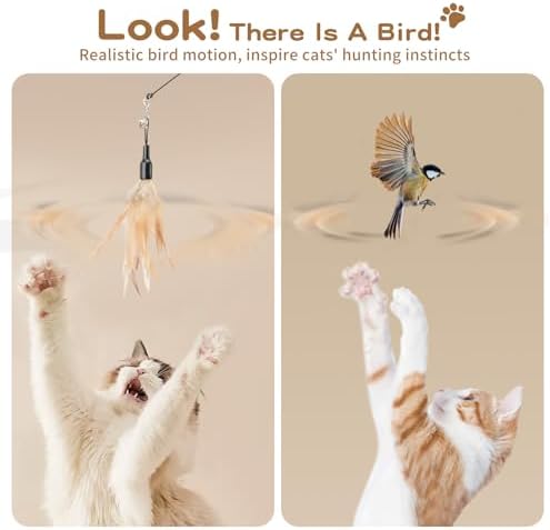 Pawaboo Cat Feather Wand Interactive Toy, 2 Feathers + 1 Wand with Bell