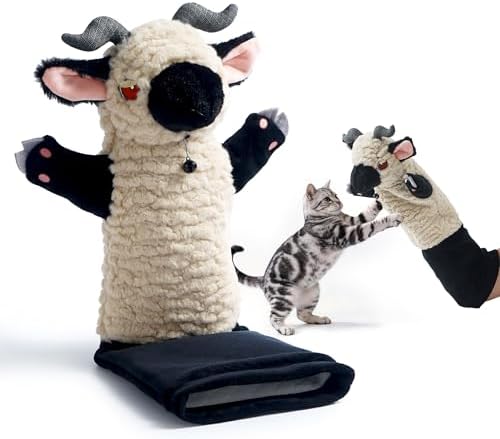 Cat Wrestling Glove, 22 inch Cat Puppet Wrestler with 3 Catnip Pouches & 3 Layer Resistant Protection, Interactive Cat Toy with Removable Bell for Boredom Relief & Mental Stimulation, Sheep