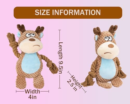 Squeaky Dog Toy Chew Plush Stuffed with Cotton Rope Crinkle Paper Soft Interactive Durable for Small Medium Large Dogs Puppy Pet Khaki Elk