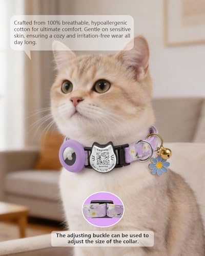 Smart Breakaway Cat Collar with QR Code Pet ID, Built-in AirTag Holder, Adjustable Cotton Cat Collar with Bell for Kittens and Adult Cats ，Pastoral Style with airtag Holder(Purple)