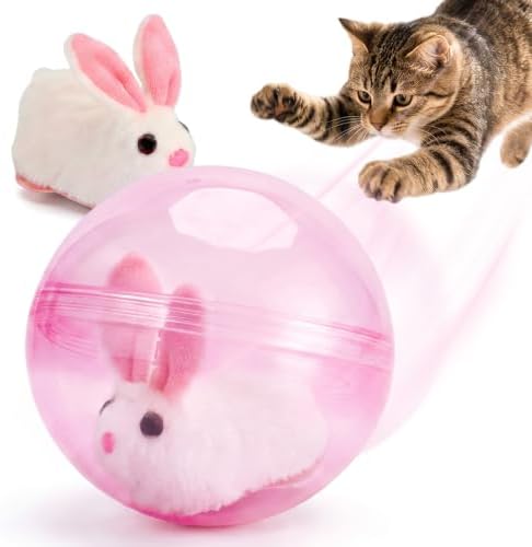 Interactive Cat Toy Ball, 2026 Rechargeable Self-Rolling Cat Toy Ball, Electric Hamster Running Rolling Ball with Auto Obstacle Avoidance, Automatic Moving Cat Toys for Indoor Cats & Dogs, Rabbit pink