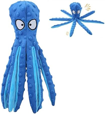 Octopus Dog Toy, No Stuffing Plush Squeaky Crinkle Toy to Keep Dogs Busy, Interactive Chew Toy for Puppies Small Medium Large Dogs, Blue, Tail Town
