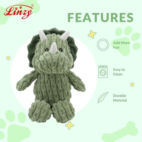 Linzy Plush Dinosaur Dog Toy, Soft Squeaky Chew Toy for Small Medium Large Dogs, Green, Interactive Pet Toy, 12 Inch
