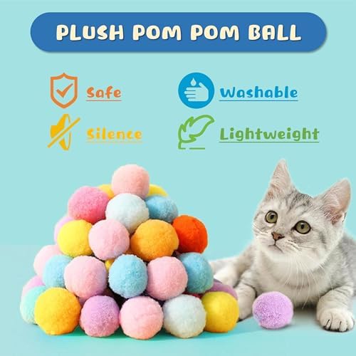 Low Noise Interactive Cat Ball Launcher Gun, 1 Noise-Reduced Launcher (New Upgraded), 20 Pcs Colorful Silent Plush Pom Pom Balls (1.2 inches), with 4 Pcs Cat Spring Toy