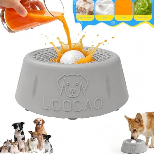 Dog Lick Bowl, Slow Feeder Dog Bowl with Interactive Lick Ball, Non-Slip Dog Enrichment Feeder for Wet Food, Yogurt, Peanut Butter & Milk, Gray