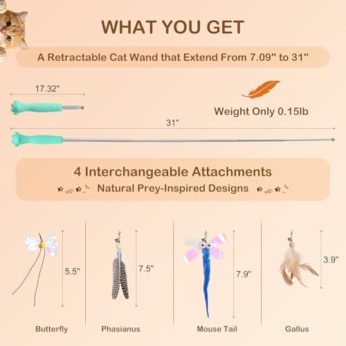 Cat Wand Toy – Retractable Wand with 4 Feather Toy Refills for Indoor Cats Enrichment, Interactive Cat Toy for Bored Adult Cats and High-Energy Kittens (HuntMaster)