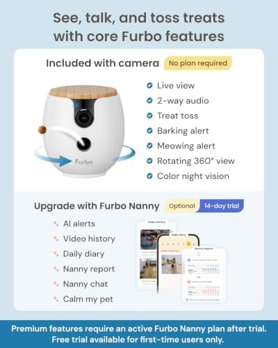 Furbo Mini 360° 2K QHD Pet Camera + Power Adapter: Dog & Cat Rotating Treat Dispenser w/Phone App, Smart Cam w/2-Way Speaker & Night Vision. No Subscription Needed. Standard See, Talk, & Toss Features