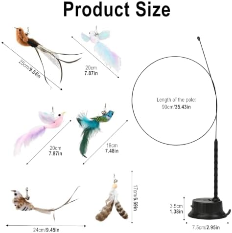 8 PCS Interactive Bird Simulation Cat Toy Set,Cat Wand Toy Feather Stick Cats Toys,2 Self-Holding Suction Cup Bases and 5 Replacement Birds,Durable Feather Wand Bird for Indoor Bored Cats