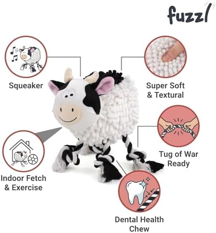 Fuzzl Farmyard Friends Dog Toy – Molly Moo Cow – Large Soft Noodle Fabric Plush with Durable Rope Legs – Interactive Tug Chew & Comfort Toy for Dogs