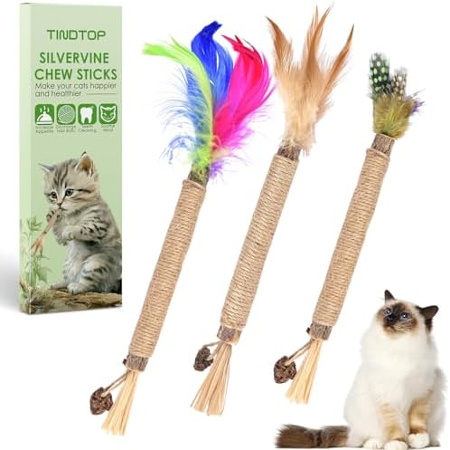 TINDTOP Silvervine Sticks for Cats with Natural Feather, Catnip Chew Toys