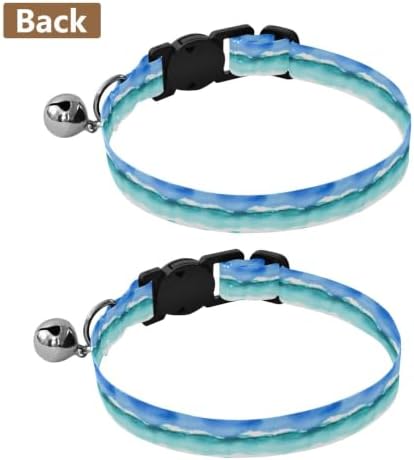 Watercolor Ocean Waves Blue Turquoise Cat Collar Breakaway with Bell 2 Pack Kitten Collar Adjustable Length 10.6" to 17.1"