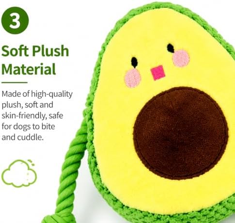 Avocado Squeaky Dog Toy with Rope Legs, Interactive Plush Dog Toy for Small Medium Large Dogs, Durable Tug and Chew Toy for Fetch, Boredom Relief, Mental Stimulation and Indoor Play