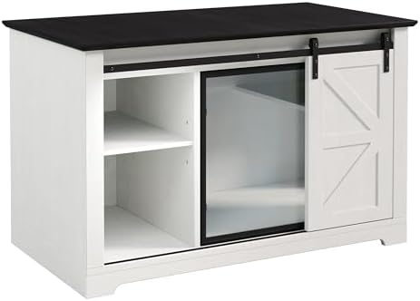 46" Cat Litter Box Enclosure Furniture with LED Light, Hidden Large Cat Cabinet with Storage Drawer & Sliding Barn Door, Indoor Pet House with Acrylic Door for Living Room, White