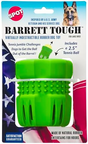 SPOT Barrett Tough Tennis Jumble Dog Toy for Large Dogs - Durable Rubber Barrel & Ball Combo, Virtually Indestructible Puzzle Toy with Textured Surface for Dental Health, 4 in Barrel & 2.5 in Ball