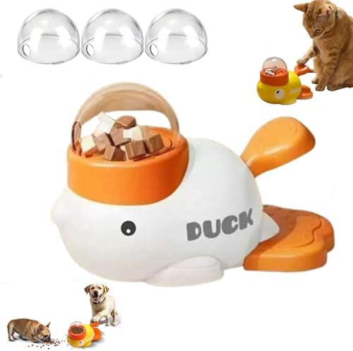 Duck Cat Treat Dispenser, Interactive Button-Operated Slow Feeder with 3 Grain Bin Covers, Puzzle Toy for IQ Training & Mental Stimulation (White)