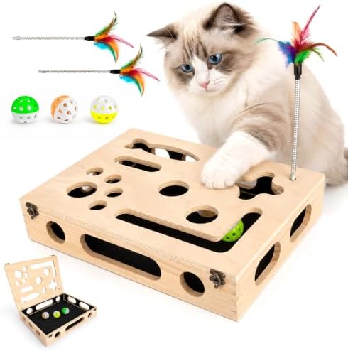 Cat Scratch Puzzle Enrichment Box, Wooden Interactive Toy for Indoor Cat