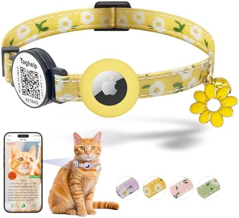 Smart QR Code Cat Collar with Online ID Profile & Integrated Airtag Holder, Breakaway Safety Collar with Bell, Adjustable 8-13in for Cats and Small Dogs(Yellow)