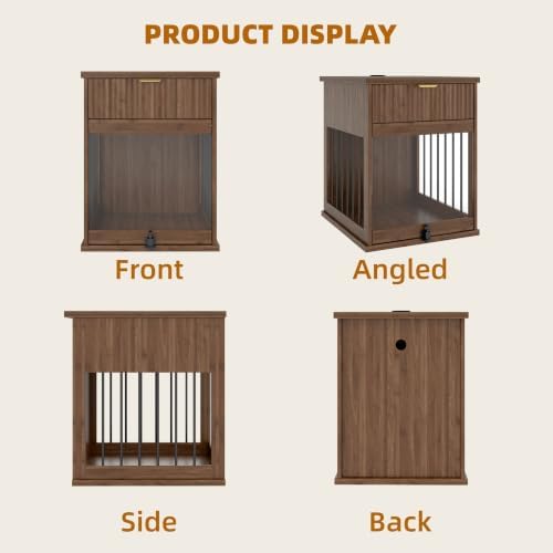 Dog Crate End Table with Charging Station, Wooden Dog Kennel Furniture with Hideaway Tempered Glass Door, Multi-Functional Pet Station Side Table with Storage Drawer (Antique Brown)