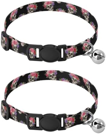 Skulls Red Roses Bell Collar for Small Dogs 2 Pack Kitten Collars Adjustable 10.6 to 17.1 Inches