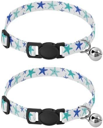 Blue Teal Starfish Collars for Cats, 2 Pack Decorative Pet Collar with Bell