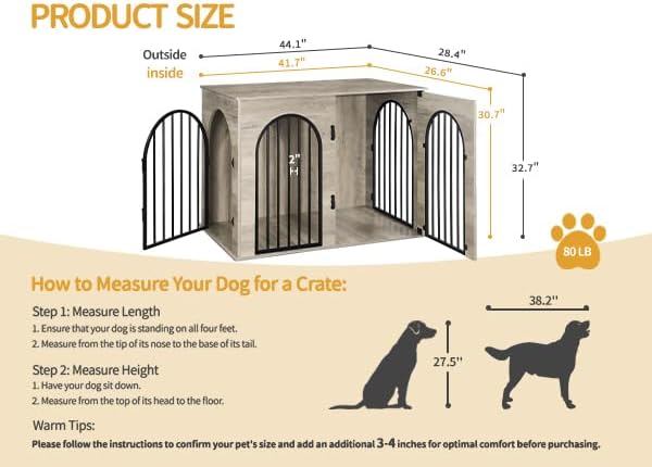 Hzuaneri 44.1'' Dog Crate Furniture,Dog Kennel Indoor for Medium/Large Dogs | Dog Kennel Furniture Wooden Dog Cage Heavy Duty Dog Crate Decorative Pet House End Side Table TV Stand,Greige Black DFC83905B