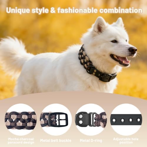 Mocha Charcoal Woven Paracord Wide Dog Collar, M