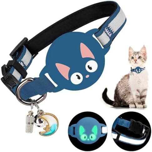 Reflective Breakaway Cat Collar for AirTag(1st & 2nd) Holder - Waterproof Safety Buckle Kitten Collar with Bell, Luminous GPS Tracker Case Compatible with Apple for Air Tag(Deep Blue)