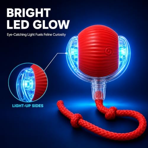 Interactive Cat Ball Toy with String, Red, Bouncing Teaser Wand