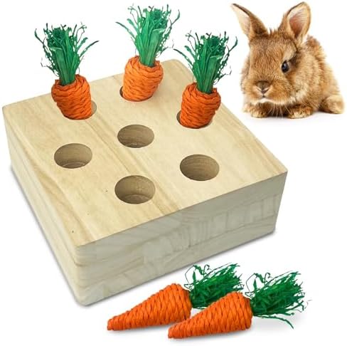 PINVNBY 6 PCS Rabbit Foraging Toys Wooden Bunny Enrichment Toy Guinea Pig Chew Toy Hamster Interactive Hide Treats for Rabbits Bunnies Chinchillas Rats (with 5 PCS Carrot Teething Toys