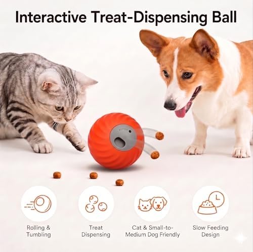 Automatic Rolling Treat Dispensing Pet Ball, Interactive Leaking Food Pet Toy, Dual Mode Rechargeable Puzzle Feeder for Small Medium Dogs & Indoor Cats（2.83In,0.36lb,Orange）