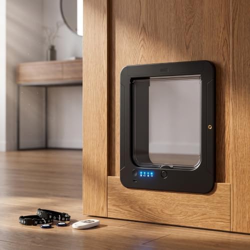 Smart Pet Door Cat Door, Automatic Pet Door, with Collar Sensor & Remote Control, Controllable Entry and Exit Directions(4 Locking Ways), 10.35"x11.73", for Cats & Small Dogs Black