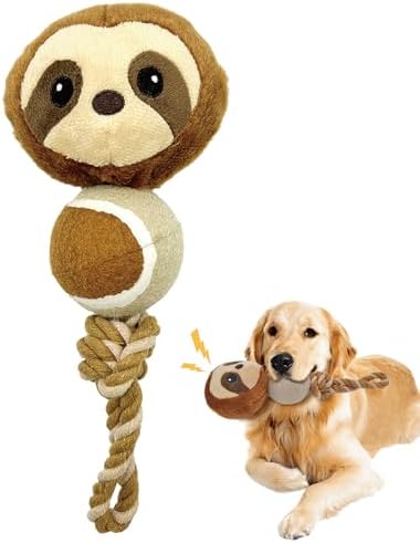 10.24 Inch Sloth Squeaky Dog Toy with Tennis Ball & Rope, Plush Chew Toy for Puppy Teething, Interactive Tug of War Toy for Small Medium Large Dogs