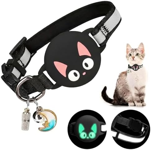 Reflective Breakaway Cat Collar for AirTag 1st & 2nd Gen Holder - Waterproof Safety Buckle Kitten Collar with Bell, Cute Luminous Lightweight GPS Tracker Case for Apple for Air Tag (Black)