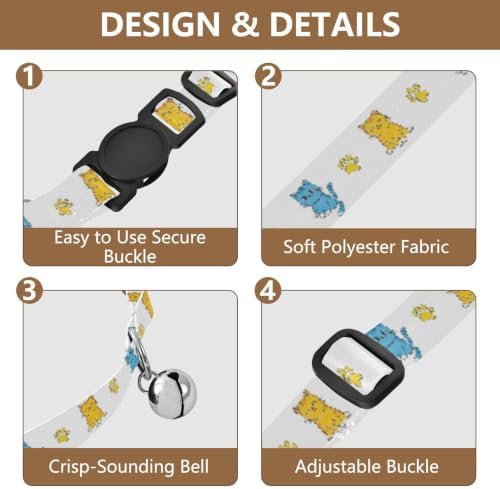 2 Pack Pet Collars Cute Cartoon Cats Yellow Paw Decorative Pet Collar with Bell, Adjustable Length 10.6" to 17.1"
