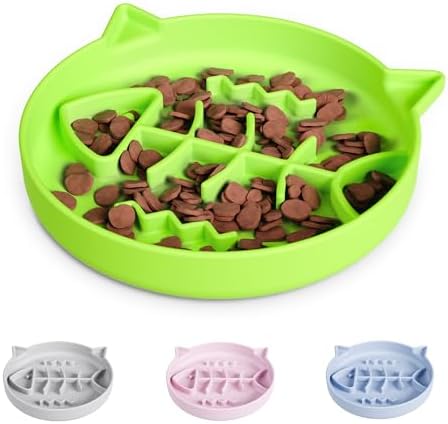 Silicone Cat Slow Feeder Bowl With Suction Cups - Interactive Puzzle Toy to Reduce Overeating in Kitty (Green, 1 Cup)