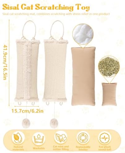 16.5 Inch Sisal Catnip Pillow Toy Kickers, Washable Sisal Cover, Interactive Cat Toys with Sisals Balls for Indoor Scratching, Chewing & Teething, Fun for Kittens and Adult Cats (Beige)