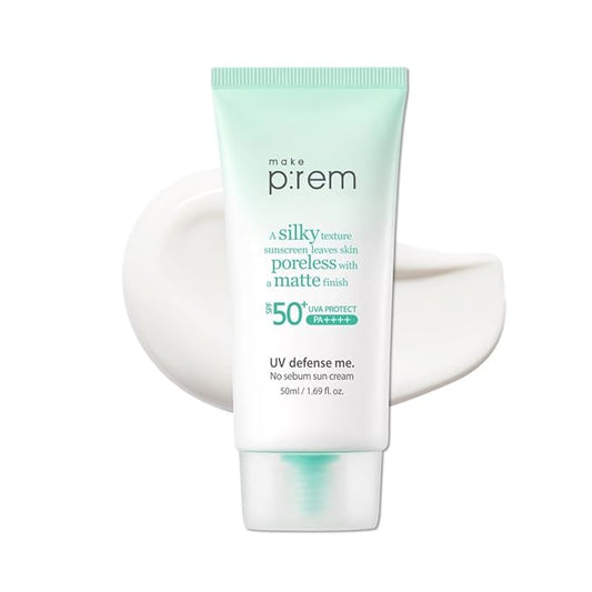 MAKE P:REM UV Defence me. No Sebum Sunscreen, SPF 50+ PA++++ Reef-Safe Silky Texture with Poreless and Matte Finish, UVA/UVB Protection, Korean Sunscreen, 1.69 fl. oz. (50ml)