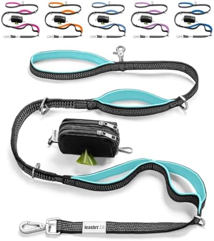 Dog Poop Bag Holder with Dispenser & Storage Pouch - Includes Adjustable Reflective Dog Leash (6FT Bungee, Padded Handles) - Durable Leash for Walking, Training & Travel (Aqua)
